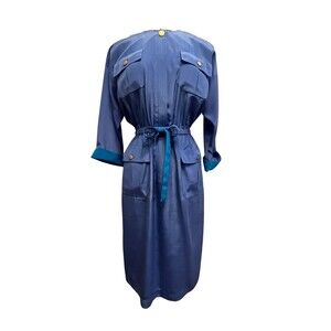 Vintage 90s‎ Dress Leslie Fay Midi Belt Pockets Satin Blue Retro Long Sleeves 10